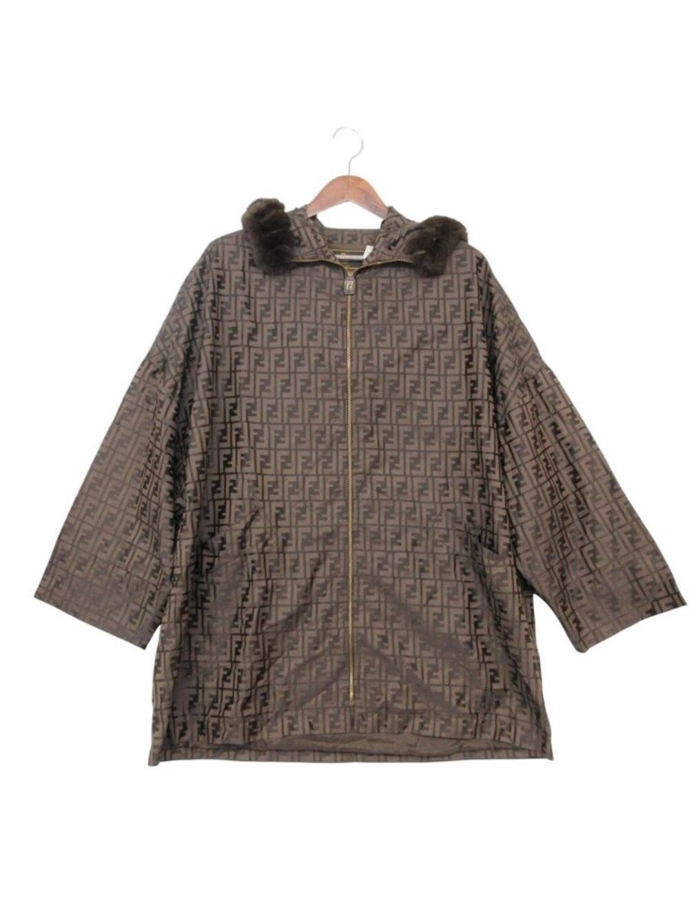 Fendi Coat Zucca Pattern Rabbit Fur Hoodie Zip Up Dark Brown